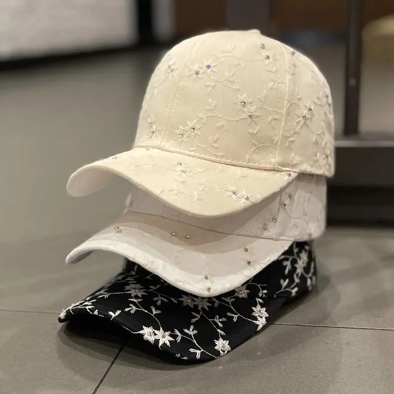 Baseball Cap Elegant Rhinestone Sun Duck Tongue Cap, Fashionable and Versatile Summer Women's Flower Sunscreen Hat