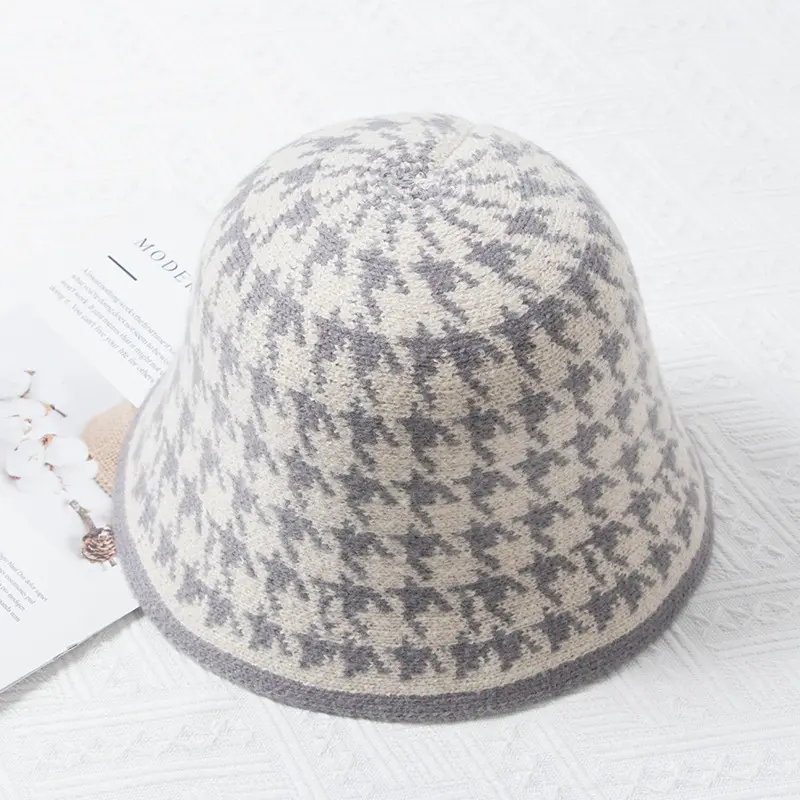 Autumn And Winter Knitted Woolen Hat Children's Versatile Houndstooth Black and White Japanese Bucket hat Warm Bucket Hat