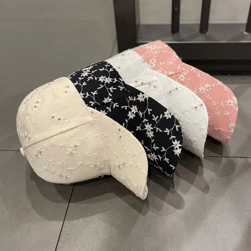 Baseball Cap Elegant Rhinestone Sun Duck Tongue Cap, Fashionable and Versatile Summer Women's Flower Sunscreen Hat