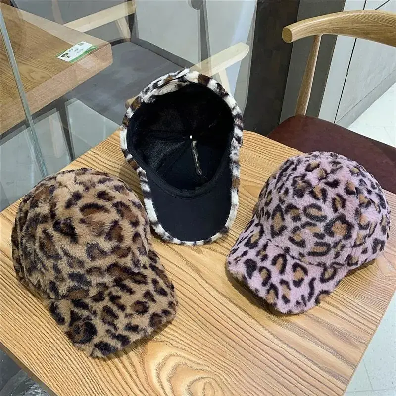 Autumn And Winter Mink Fur Thick Warm Hat Women's Leopard Print Duckbill Hat Youth Casual Baseball Hat