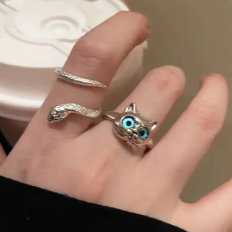 Cute Cat Ring For Women Fashion Design Adjustable Open Silver Color Snake Rings Gothic Trendy Finger Rings Jewelry Gifts