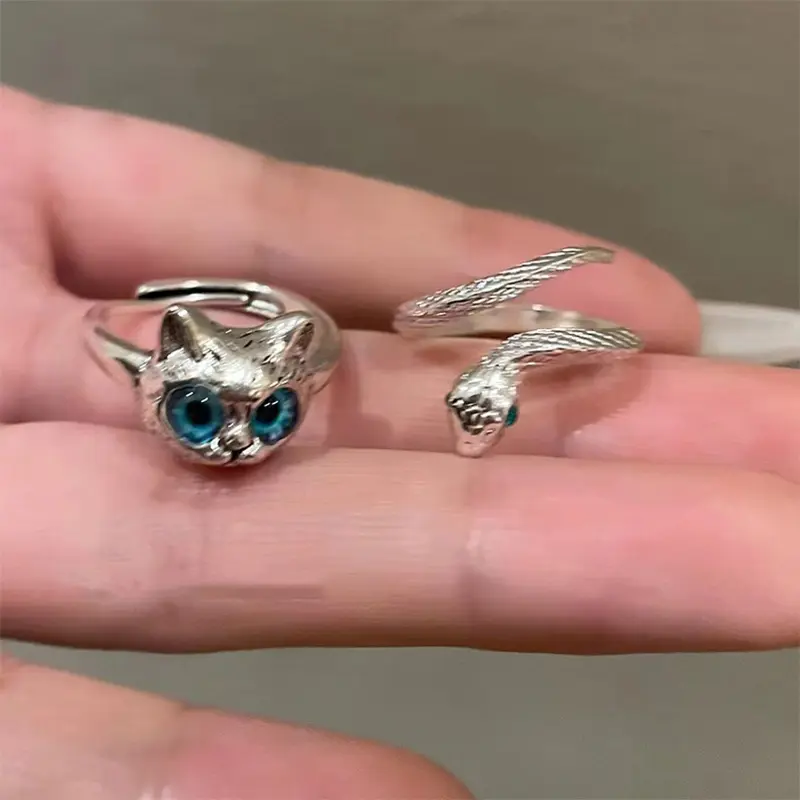 Cute Cat Ring For Women Fashion Design Adjustable Open Silver Color Snake Rings Gothic Trendy Finger Rings Jewelry Gifts