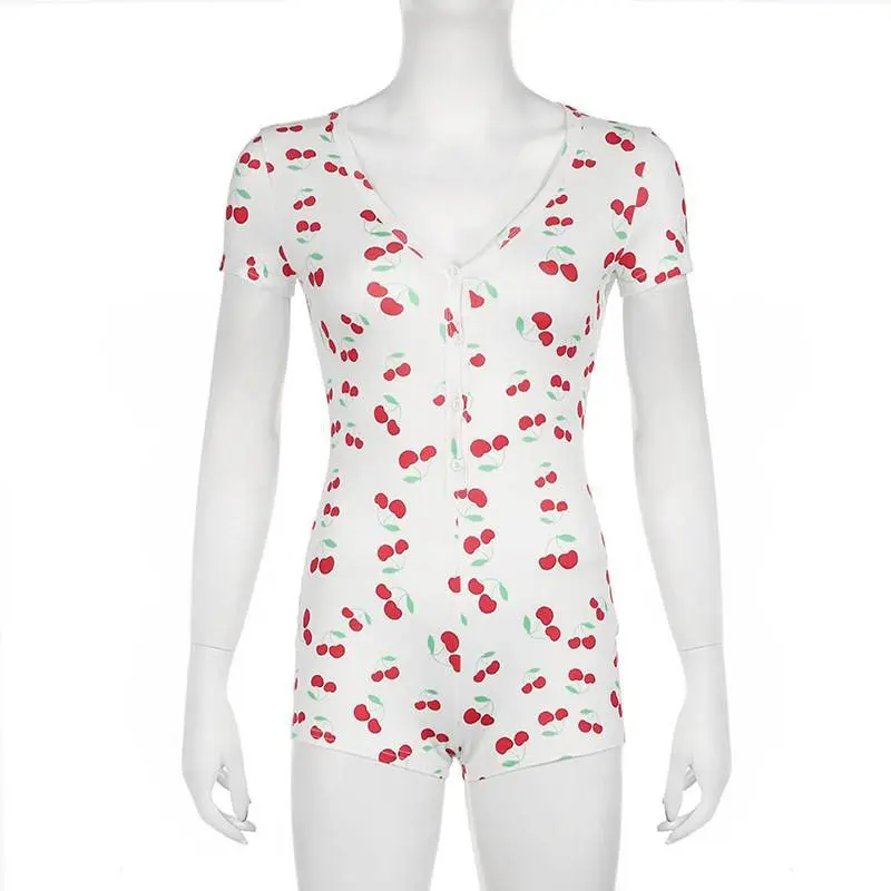 Summer American Sexy Cherry Print V-neck Single-breasted Short Sleeve Slim Jumpsuit For Women
