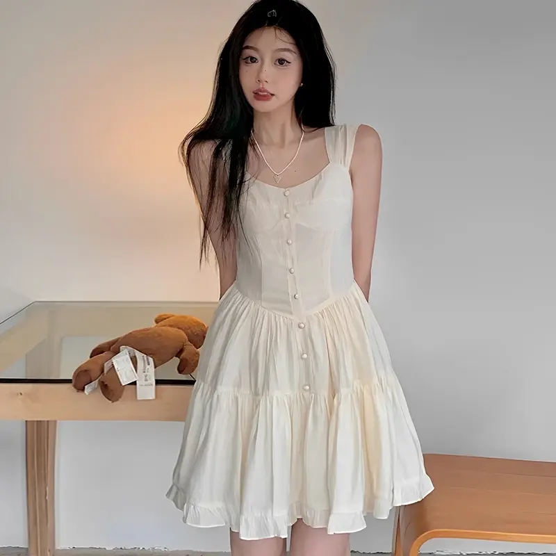 Dopamine Sweet Pure Desire Style Sleeveless Solid Color Cake Dress Female Summer Holiday Dresses