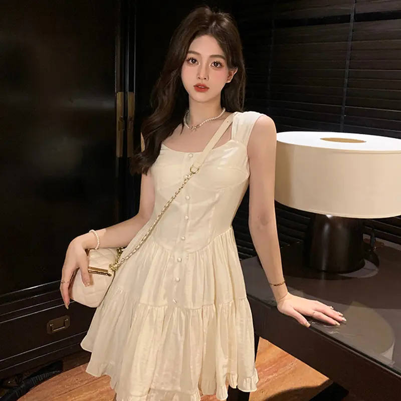 Dopamine Sweet Pure Desire Style Sleeveless Solid Color Cake Dress Female Summer Holiday Dresses