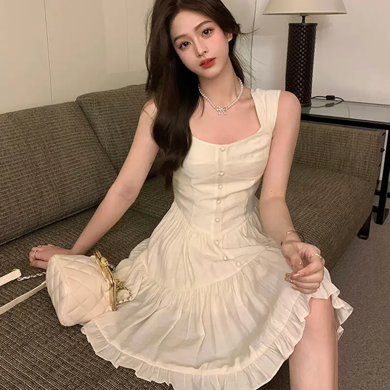 Dopamine Sweet Pure Desire Style Sleeveless Solid Color Cake Dress Female Summer Holiday Dresses