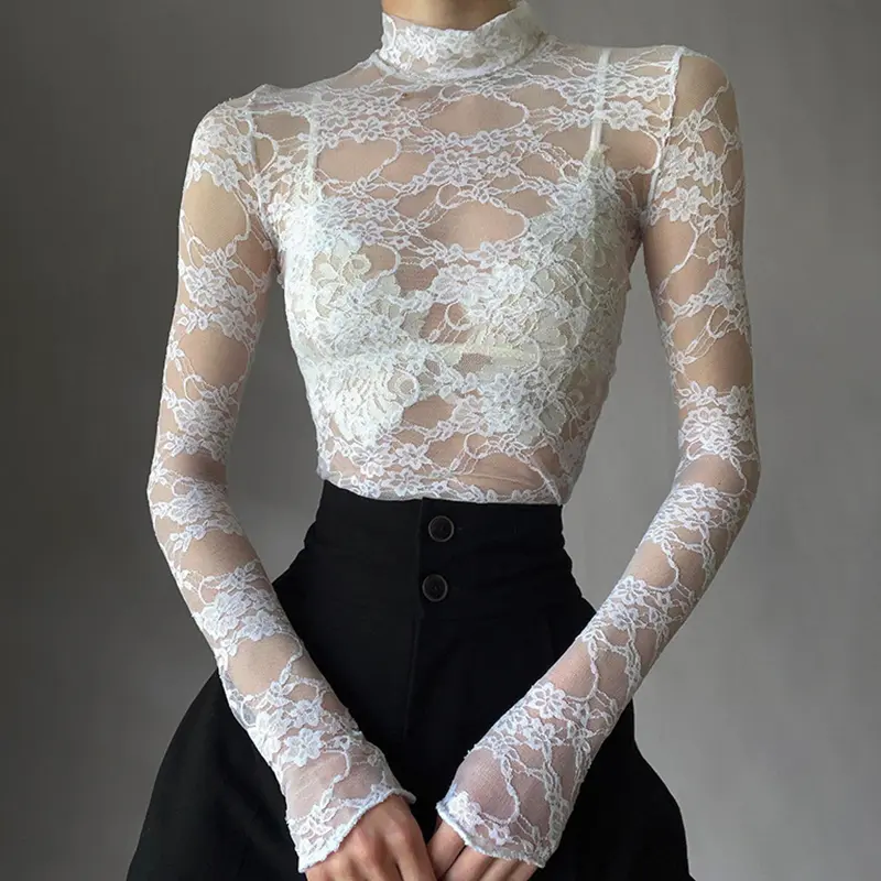 French Style Stand Collar Lace Hollow T-shirt Summer All-Match Long Sleeve Tops