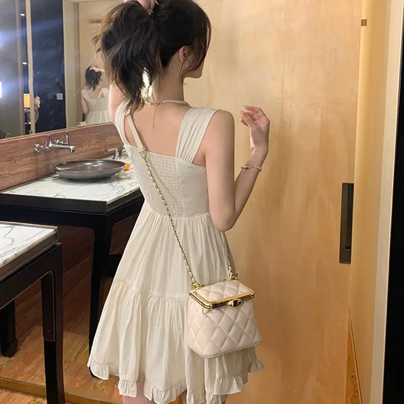 Dopamine Sweet Pure Desire Style Sleeveless Solid Color Cake Dress Female Summer Holiday Dresses