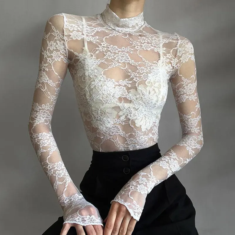 French Style Stand Collar Lace Hollow T-shirt Summer All-Match Long Sleeve Tops