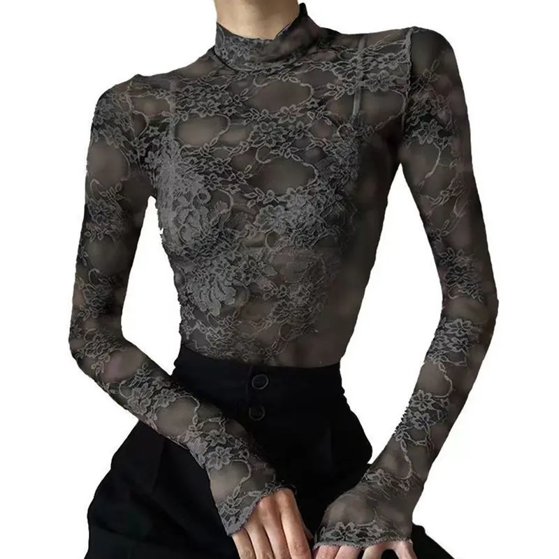 French Style Stand Collar Lace Hollow T-shirt Summer All-Match Long Sleeve Tops