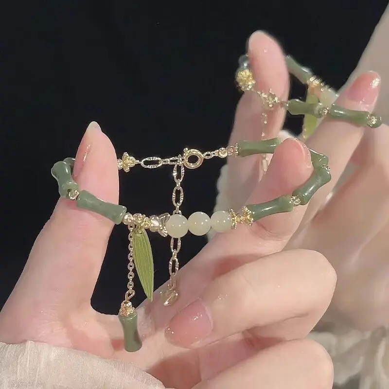 Chinese Style Retro Green Bamboo Joint Beaded Bracelet For Women's Fashion Simple Charm Alloy Leaf Bracelet Jewelry Gift