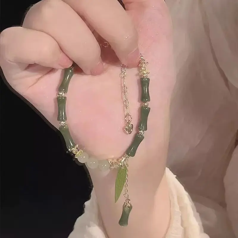 Chinese Style Retro Green Bamboo Joint Beaded Bracelet For Women's Fashion Simple Charm Alloy Leaf Bracelet Jewelry Gift