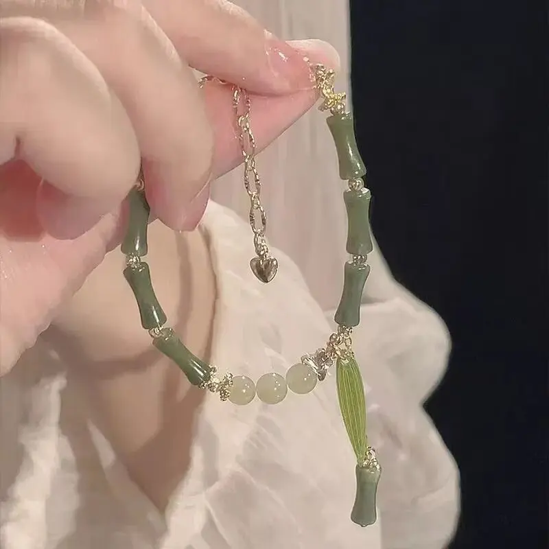 Chinese Style Retro Green Bamboo Joint Beaded Bracelet For Women's Fashion Simple Charm Alloy Leaf Bracelet Jewelry Gift