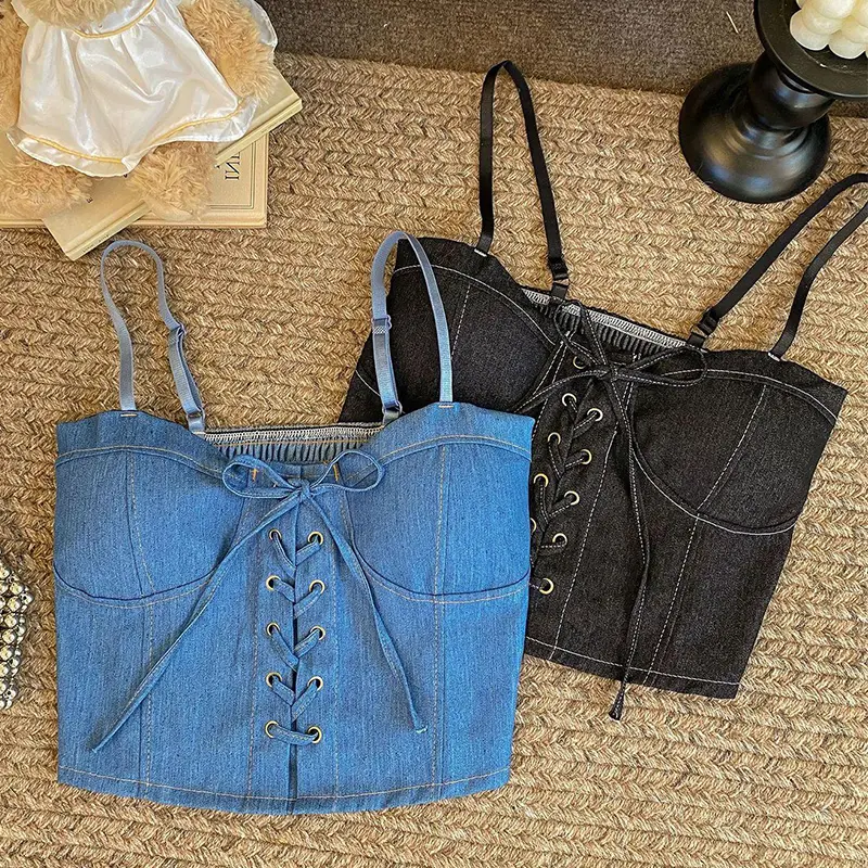 Women's Tube Top Fashion Denim Sleeveless Lace-up Slim Camisole With Chest Pad