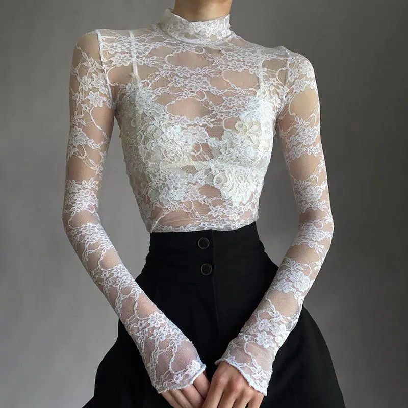 French Style Stand Collar Lace Hollow T-shirt Summer All-Match Long Sleeve Tops