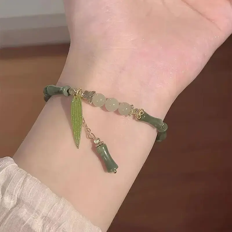 Chinese Style Retro Green Bamboo Joint Beaded Bracelet For Women's Fashion Simple Charm Alloy Leaf Bracelet Jewelry Gift