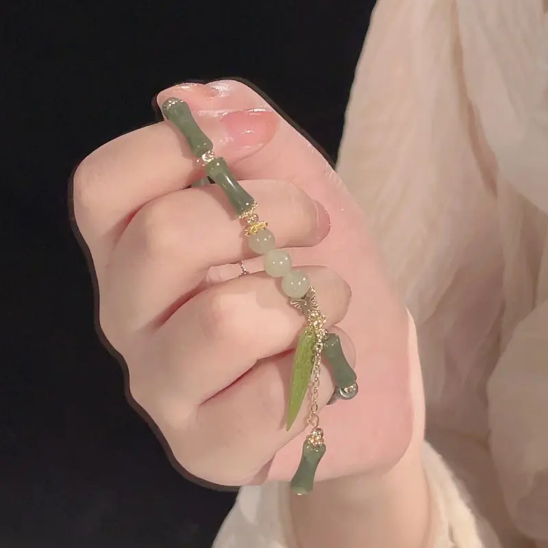 Chinese Style Retro Green Bamboo Joint Beaded Bracelet For Women's Fashion Simple Charm Alloy Leaf Bracelet Jewelry Gift