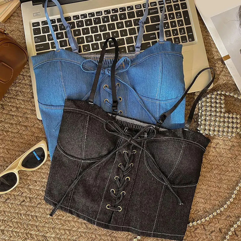 Women's Tube Top Fashion Denim Sleeveless Lace-up Slim Camisole With Chest Pad