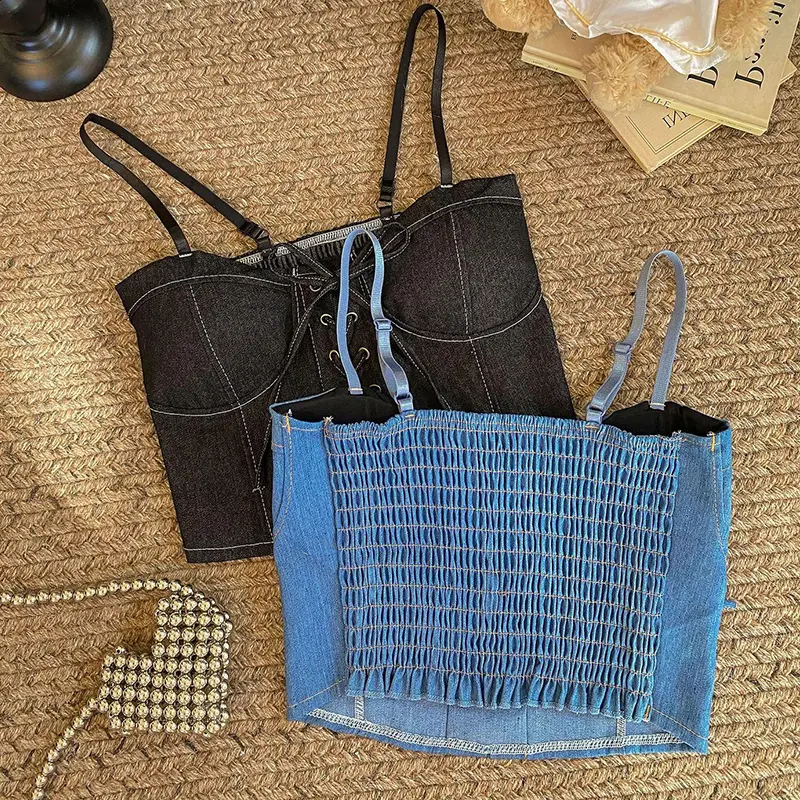 Women's Tube Top Fashion Denim Sleeveless Lace-up Slim Camisole With Chest Pad