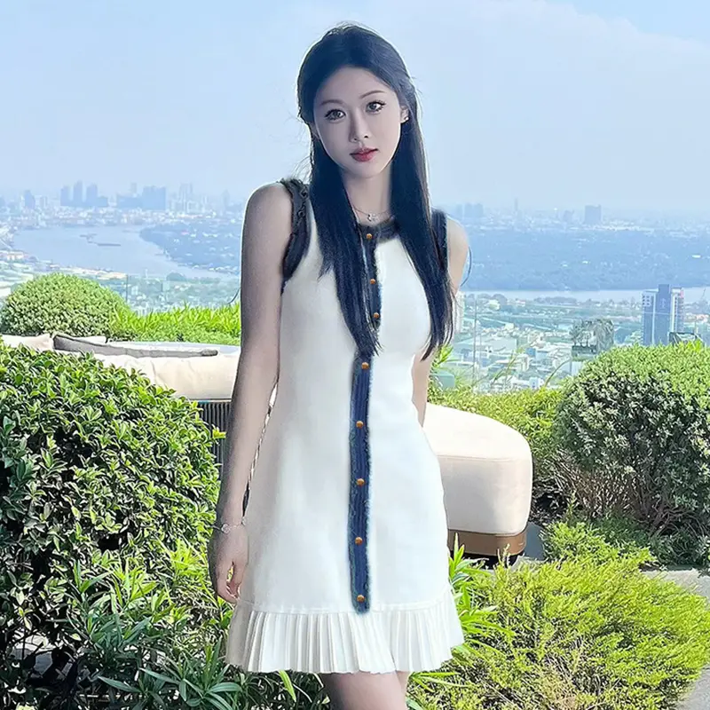 Denim Fringed Knitted Short-Sleeved Single-Breasted Ruffles Sleeveless Women Summer Chic Vest Dress