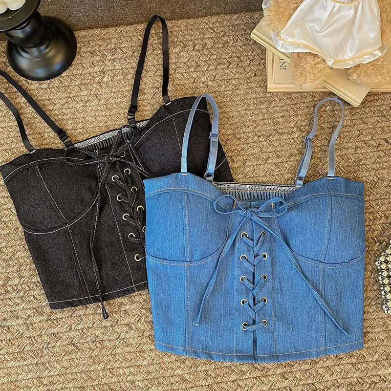Women's Tube Top Fashion Denim Sleeveless Lace-up Slim Camisole With Chest Pad