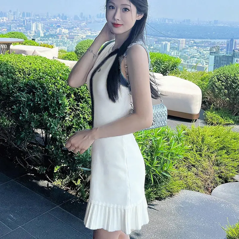 Denim Fringed Knitted Short-Sleeved Single-Breasted Ruffles Sleeveless Women Summer Chic Vest Dress