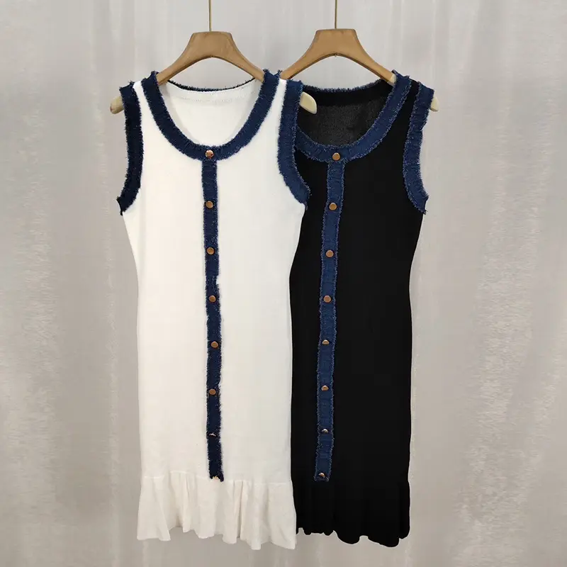 Denim Fringed Knitted Short-Sleeved Single-Breasted Ruffles Sleeveless Women Summer Chic Vest Dress