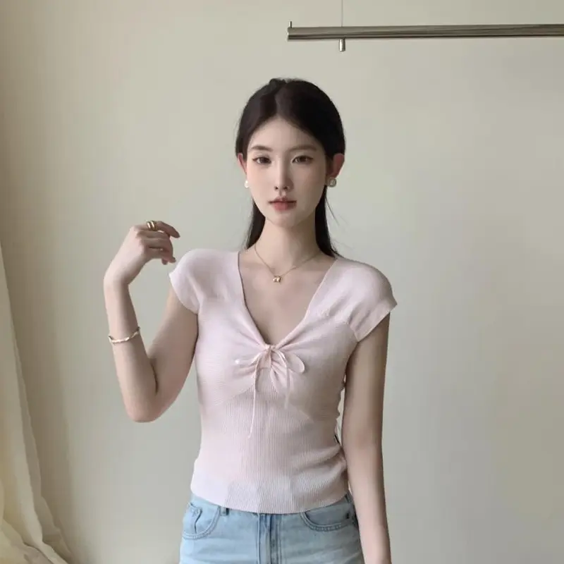 Summer Fashion Slim V-Neck Sweet Bowknitted Short-Sleeved T-Shirt For Women