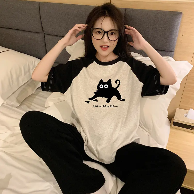 Ladies Pajamas Summer New Style Round Neck Short Sleeve Thin Style Sweet Girl Simple Casual Home Wear Suit