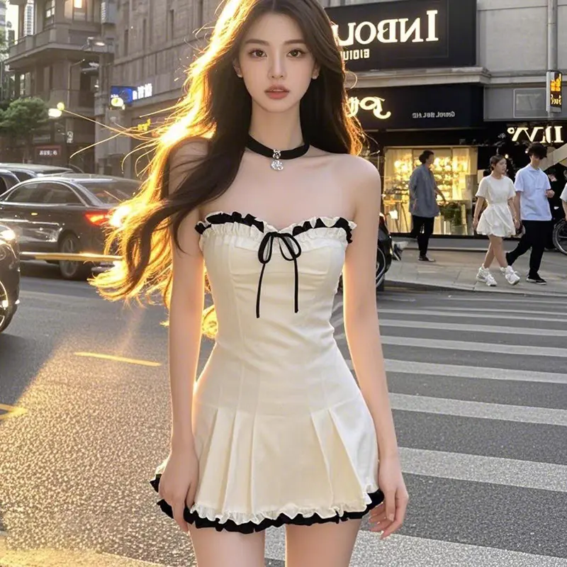 Women Summer A-line Strapless Pleated Dress Elegant Party Holiday Short Dresses