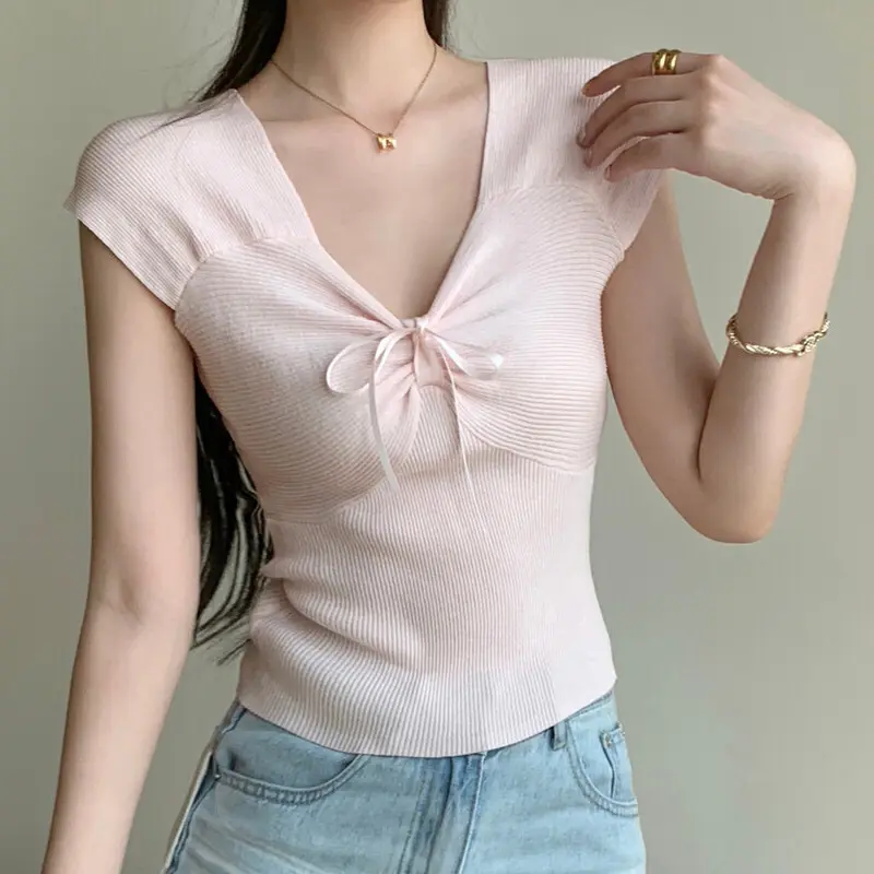 Summer Fashion Slim V-Neck Sweet Bowknitted Short-Sleeved T-Shirt For Women
