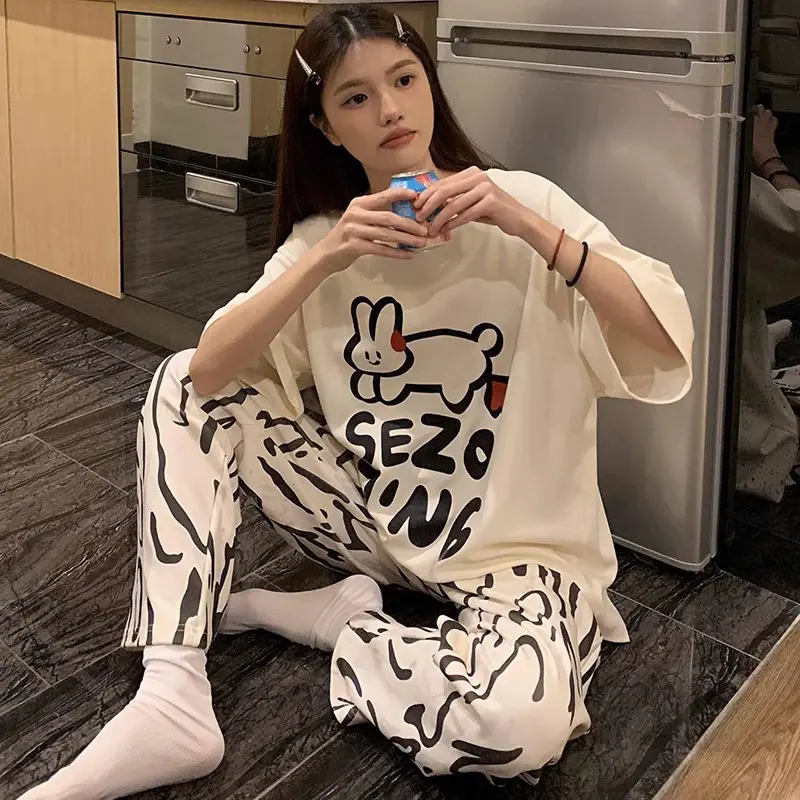 Ladies Pajamas Summer New Style Round Neck Short Sleeve Thin Style Sweet Girl Simple Casual Home Wear Suit