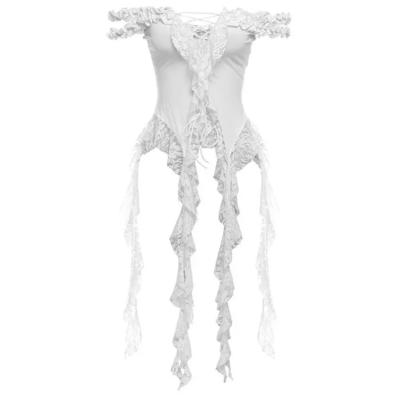 Women Holiday Lace Patchwork Long Tassel Ribbon Off-shoulder Sheath Sweet Top