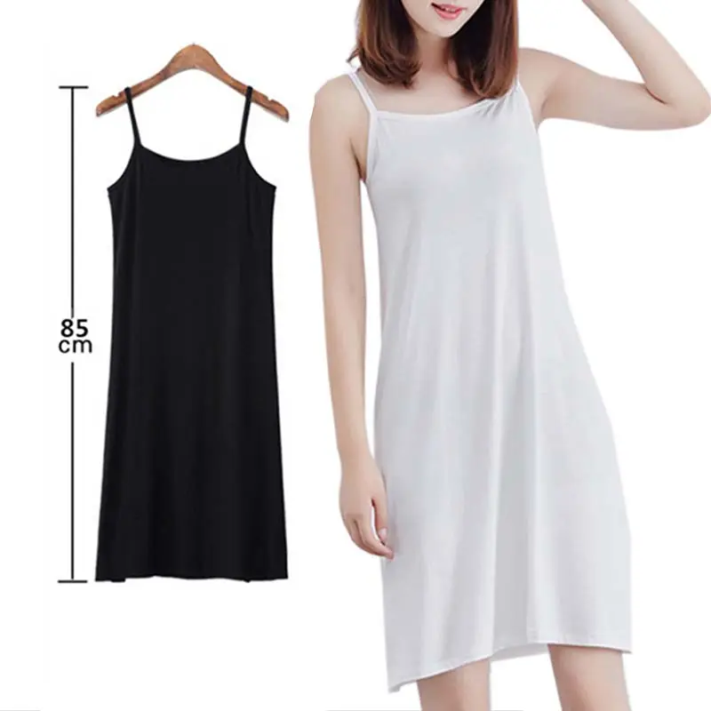 Women Polyester  Solid Color Casual Dress Camisole Spaghetti Strap Long Tank Top Slip Mini Dress Black White Nude Color