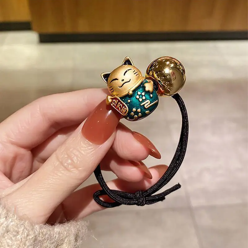 1Pc Cartoon Resin Lucky Cat Head Rope Bracelet Dual-Purpose Simple Ponytail Headdress Hair Tie Elastic Bands for Women Girl