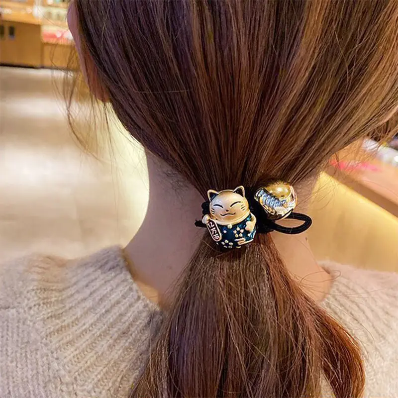 1Pc Cartoon Resin Lucky Cat Head Rope Bracelet Dual-Purpose Simple Ponytail Headdress Hair Tie Elastic Bands for Women Girl