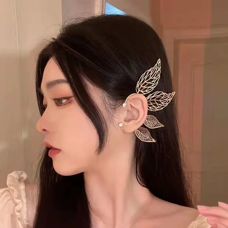 1Pc Chic Elf Ear Cuff Maple Leaf Hollowed Zircon Leaf Cosplay Fairy Earring Clips for Women Girls Wedding Ear Cuff Jewelry