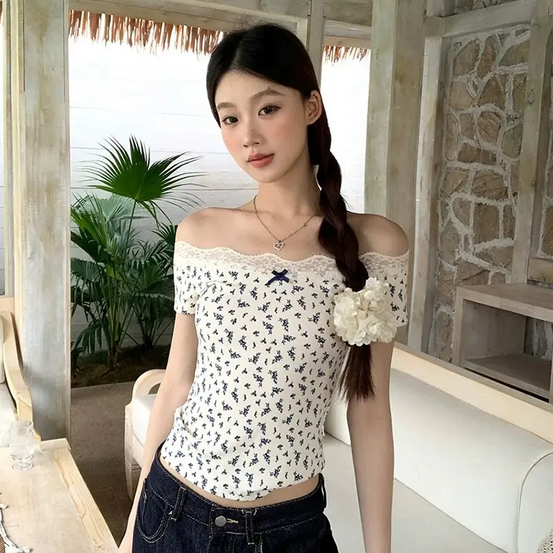 Summer Sweet Floral T-shirt Women's Sexy Lace Patchwork Off-shoulder Short Sleeve Slim Crop Top