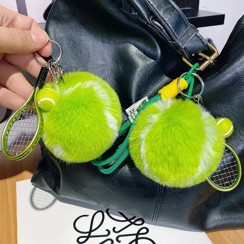 Tennis Keychain Cute Plush Ball School Bag Pendant Hanging Ornaments For Girl Gift Key Accessories Keyring Tennis Fur Key Chain