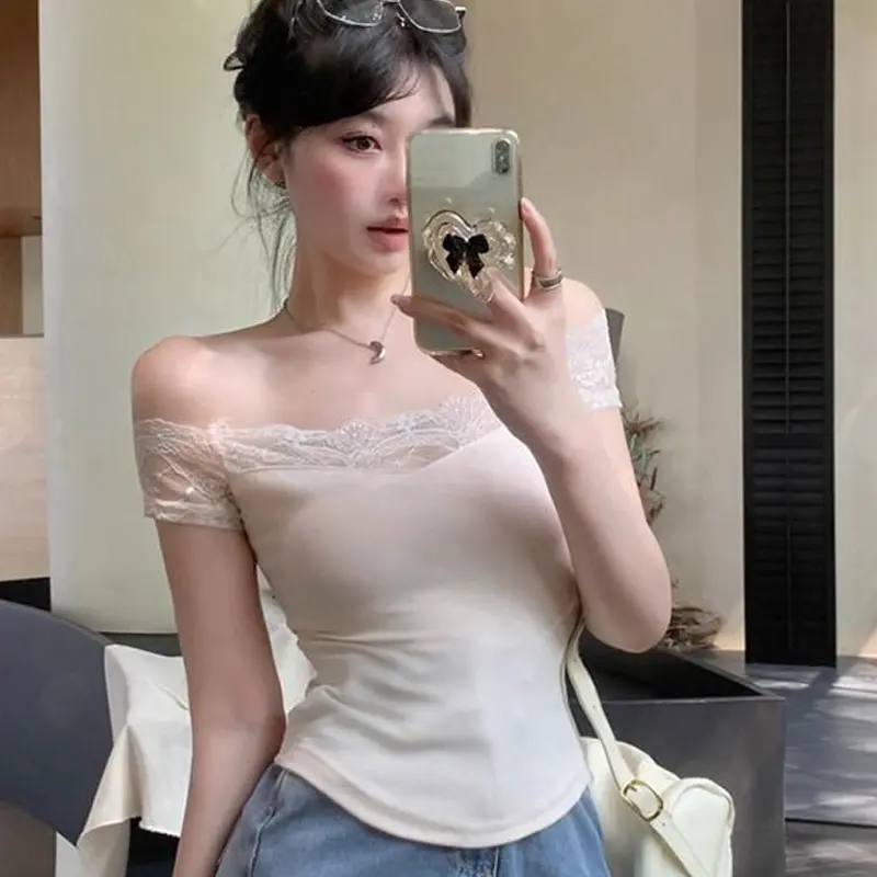 Pure Desire Hot Girl Slim Lace Stitching Outer Wear One Word Off The Shoulder Short Sleeve T-Shirt Female