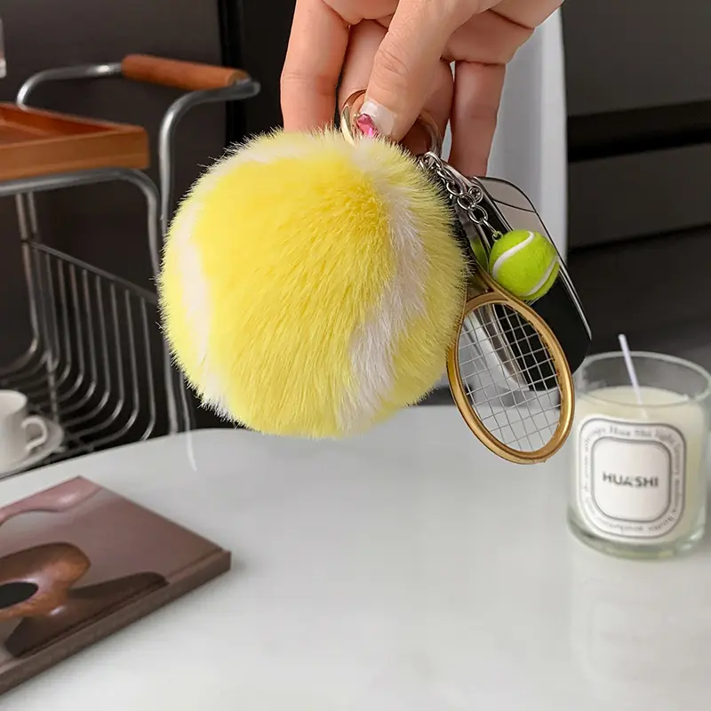 Tennis Keychain Cute Plush Ball School Bag Pendant Hanging Ornaments For Girl Gift Key Accessories Keyring Tennis Fur Key Chain