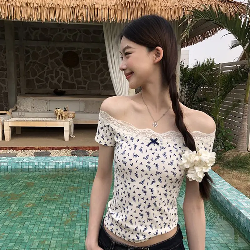 Summer Sweet Floral T-shirt Women's Sexy Lace Patchwork Off-shoulder Short Sleeve Slim Crop Top