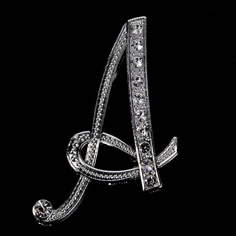 Women Luxury English A-Z Letter Brooch Pin Crystal Rhinestone Metal Glossy Girls Ladies Lapel Collar Pin Scarf Clothes Decor