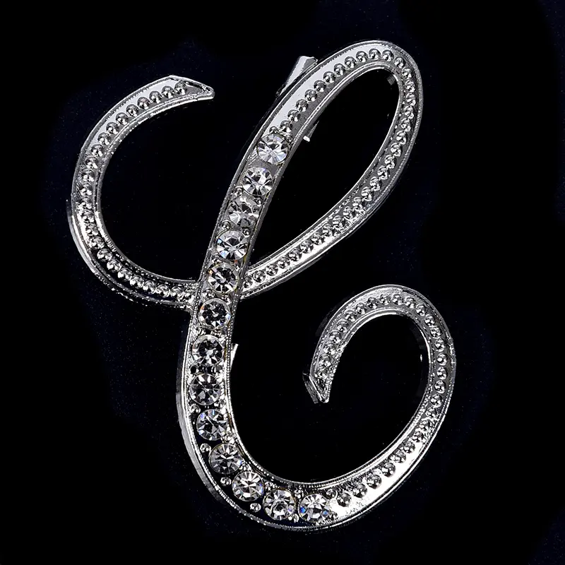 Women Luxury English A-Z Letter Brooch Pin Crystal Rhinestone Metal Glossy Girls Ladies Lapel Collar Pin Scarf Clothes Decor