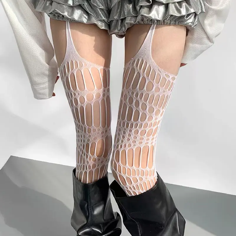 Women Sexy Lace Fishnet Stockings Hollow Out Solid Pantyhose Irregular Exposed Skin Tights Slim Suspender Pantyhose