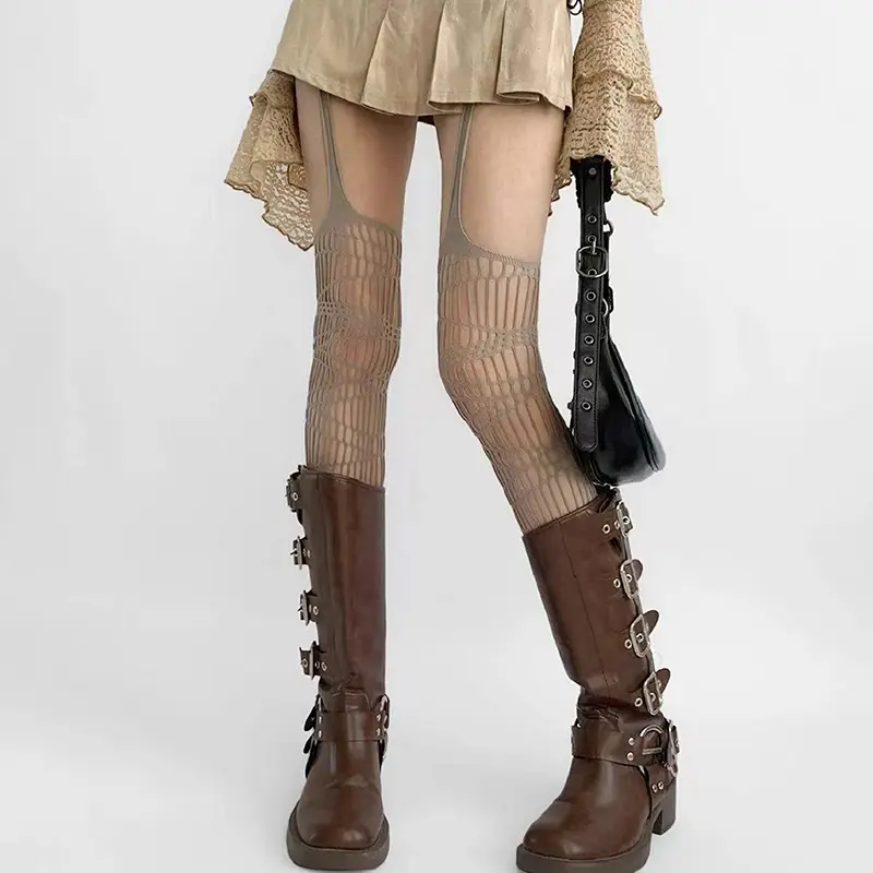 Women Sexy Lace Fishnet Stockings Hollow Out Solid Pantyhose Irregular Exposed Skin Tights Slim Suspender Pantyhose