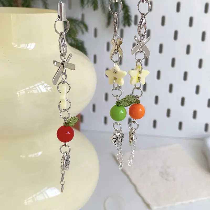 Y2K Sweet Bowknot Fruit Star Beaded Phone Chain Aesthetic Phone Lanyard Girly Cute Ins Style Keychain Pendant For Girls Gift