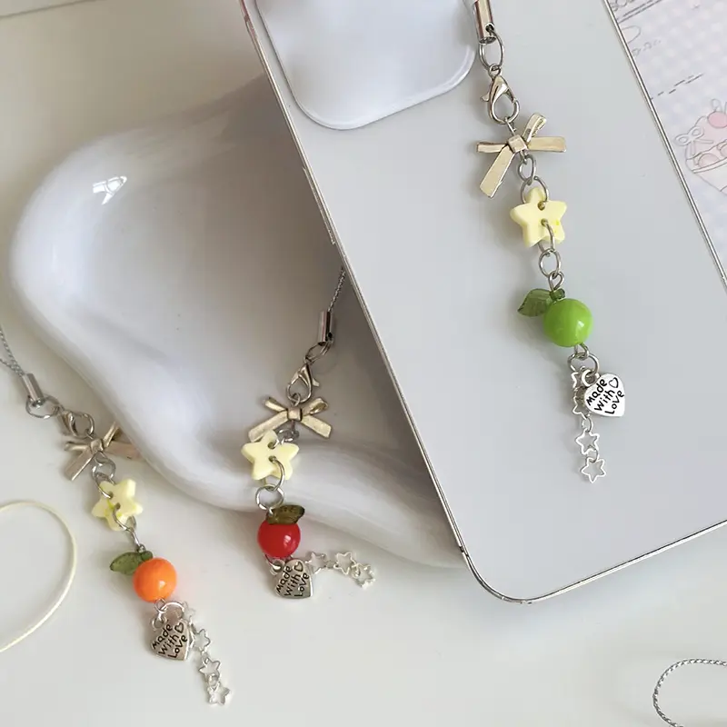Y2K Sweet Bowknot Fruit Star Beaded Phone Chain Aesthetic Phone Lanyard Girly Cute Ins Style Keychain Pendant For Girls Gift