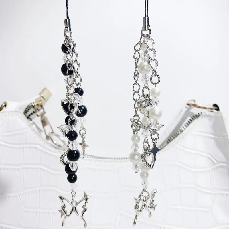 Simple Phone Charm Strap Y2K Keychain Butterfly Heart Shape Pendant Beaded Keychain Jewelry Keyring Lanyard String