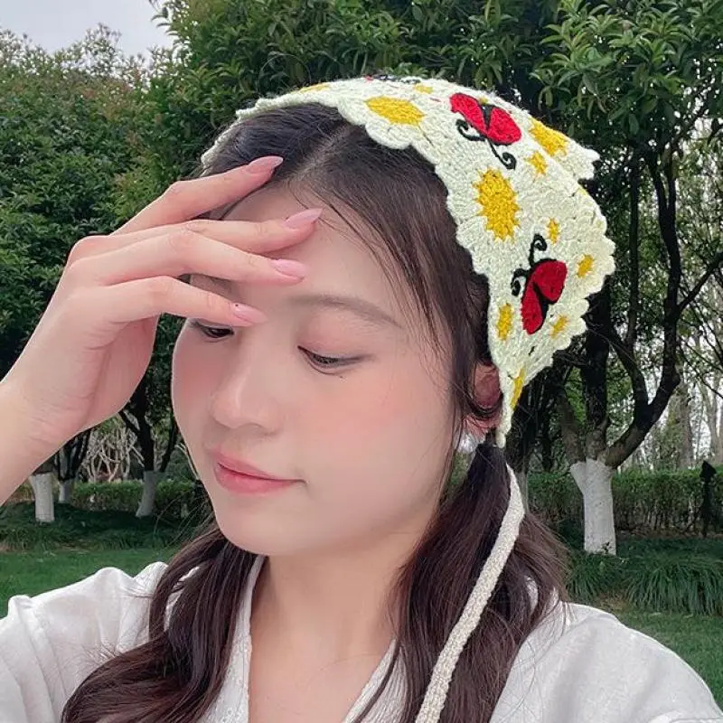 Korean INS Style Sweet Cute Handmade Crochet Hollow Triangle Headband Towel Travel Photo Pastoral Style Headband Hair Scarf